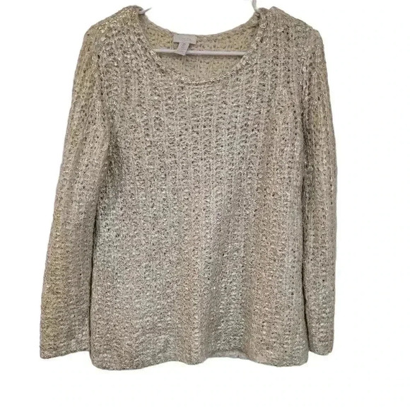 Chico's Women's Taupe Acrylic/Nylon Sparkle Knit Scoop Neck Sweater EUC sz S - Picture 1 of 6
